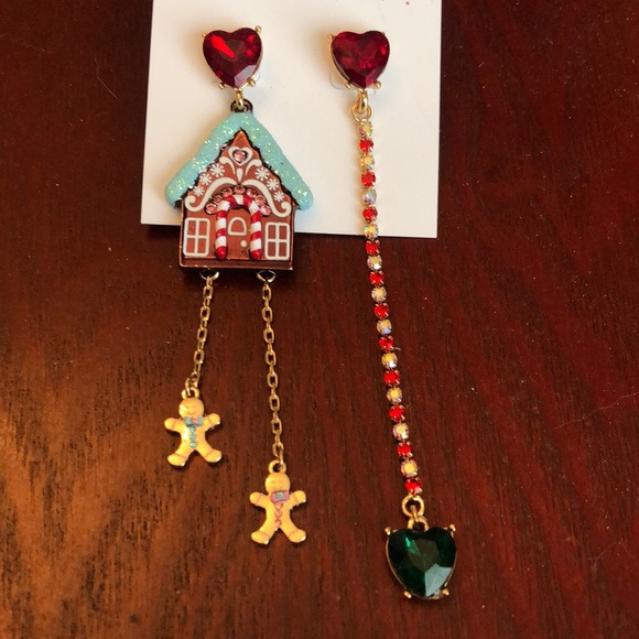 Betsey Johnson Jingle Bell Bling Gingerbread House Heart Mismatch Drop Earrings - Picture 6 of 14